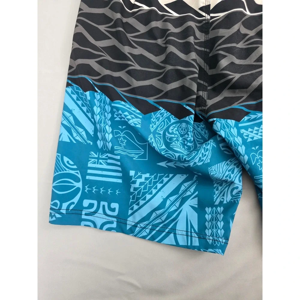 HIC Hawaiian Island Creations Board Shorts Mens Blue Tribal Print Swim Trunks